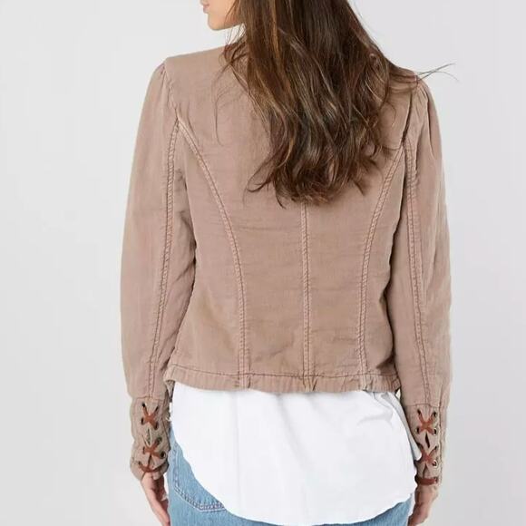 Free People NWT Jagger Blazer Military Tan Jacket Lace up Sleeve Outerwear - Picture 2 of 13